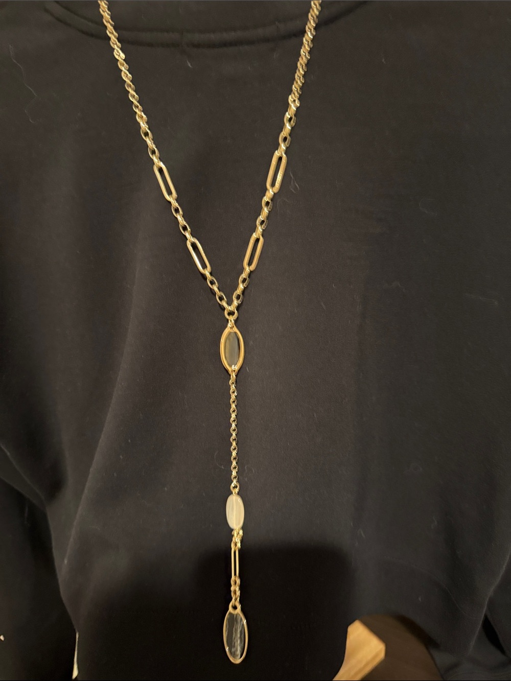 Chico's Gold-Tone Y Necklace with Black and Cream Oval Accents